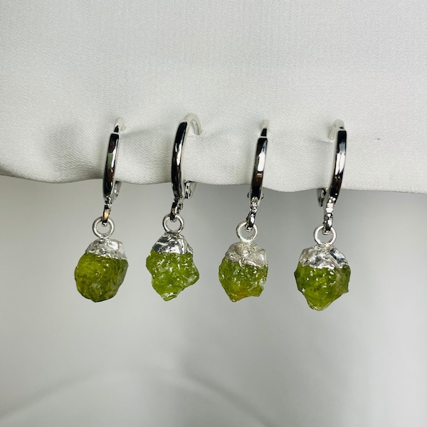 Peridot Raw Silver Rhodium Plated Crystal Snug Huggies, TINY Peridot August Birthstone Crystal Hoops, Raw Peridot Dainty Charm Huggy Earring