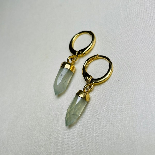 Prehnite 24k Gold-Plated Crystal Spike Snug Huggie Hoop Earrings,  Prehnite Gold Jewelry Set, Green Prehnite Matching Necklace Earring Gifts