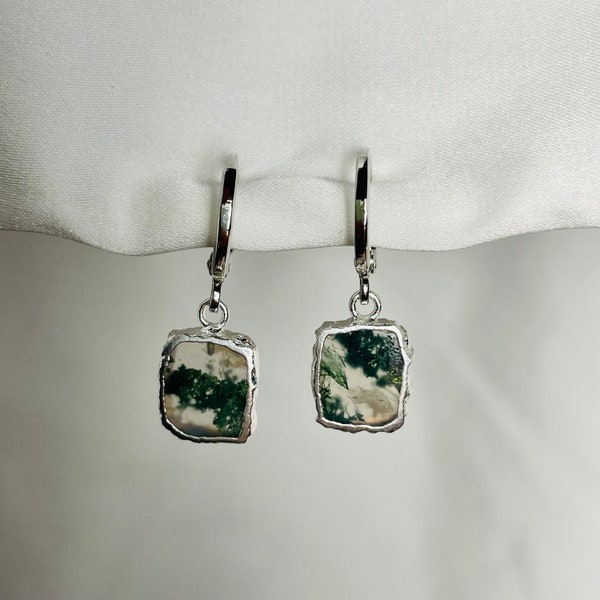 Moss Agate 24k Silver Rhodium-Plated Slice Pendant Snug Huggie Earrings, TINY Moss Agate  Tiny Hoops, Moss Agate Slab Charms Jewelry Set