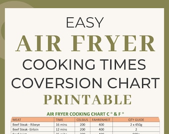 Tabla de conversión de tiempos de cocción de la freidora de aire - Hoja de trucos imprimible para la freidora de aire - Guía de referencia rápida de la freidora de aire - PDF descargable