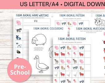 Imprimibles de actividades de animales de granja, juego de asociación y para colorear (patrón PDF)