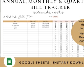 Hoja de cálculo de seguimiento de facturas mensuales y anuales, Hojas de cálculo de Google (descarga digital)