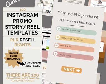 100 plantillas promocionales para historias y reels de Instagram - Plantilla PLR para Instagram - Editar en Canva