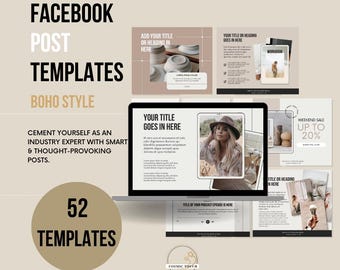 Plantillas para publicaciones de Facebook: 52 plantillas de estilo boho para editar en Canva (MMR y PLR).