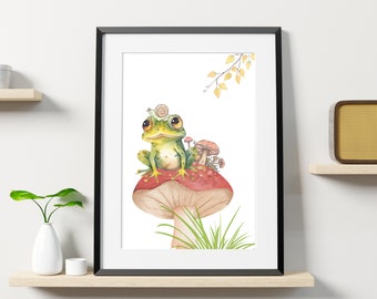 Impresión de acuarela de rana sobre hongo, decoración de pared caprichosa (descarga digital)