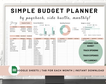Planificador de presupuesto de Google Sheets, hoja de cálculo de presupuesto mensual (descarga digital)