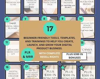 17 productos digitales para revender / Plantillas PLR y MRR, guías, capacitaciones.