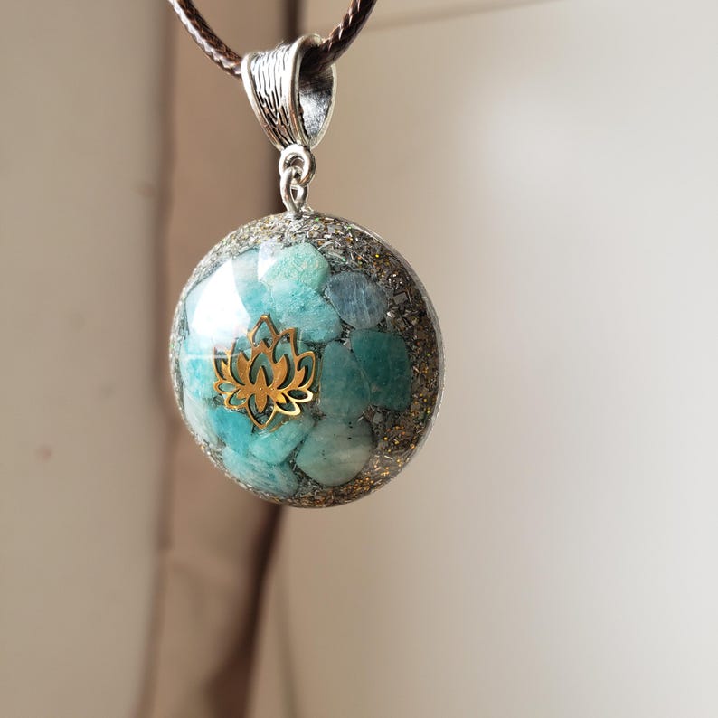 Orgonite Electronite Pendant With Amazonites and Lotus Flower That