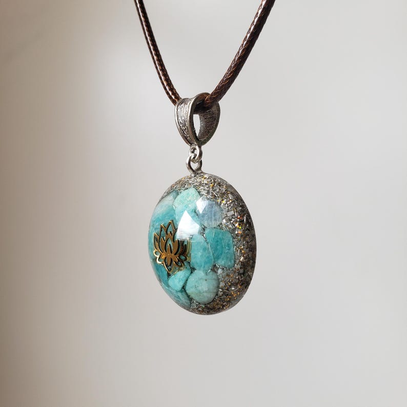 Orgonite Electronite Pendant With Amazonites and Lotus Flower That
