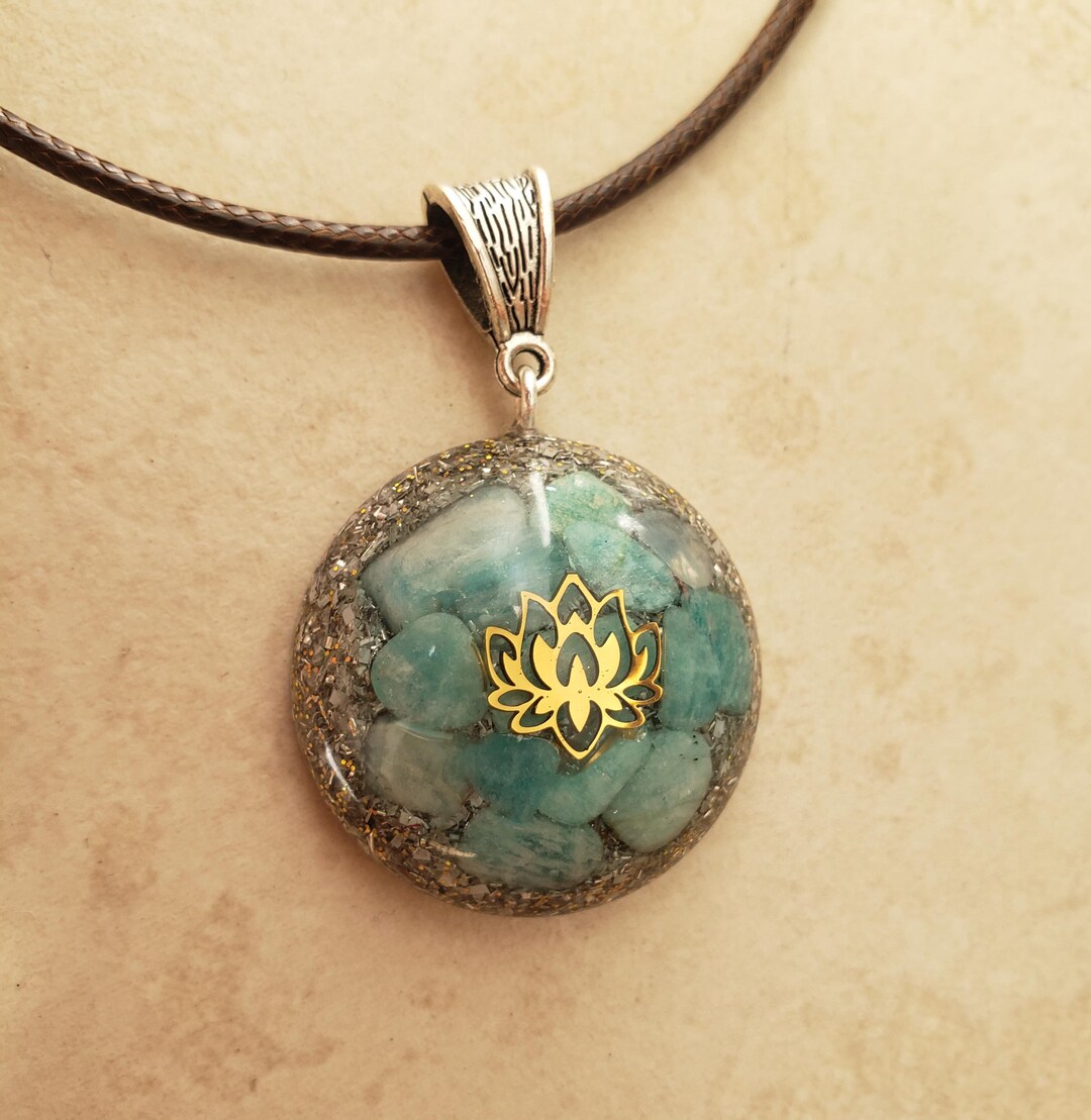 Orgonite Electronite Pendant With Amazonites and Lotus Flower That