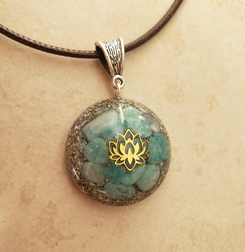 Orgonite Electronite Pendant With Amazonites and Lotus Flower That