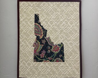 Idaho Quilted Wall Hanging | Wall art | Outline of Idaho | Floral design, black, pink, green, tan, brown