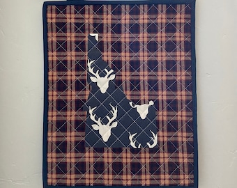 Idaho Quilted Wall Hanging | Wall art | Outline of Idaho | Plaid deer, navy, maroon