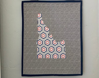 Idaho Quilted Wall Hanging | Wall art | Outline of Idaho | Navy, pink, gray hexagons