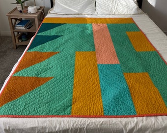 Colorful Geometric Modern Quilt | Handmade | Throw Size Quilt | Aqua, coral, gold, turmeric, blue