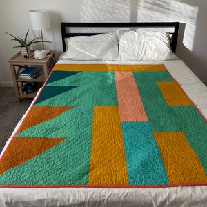 Colorful Geometric Modern Quilt Handmade Throw Size Quilt Aqua, coral, gold, turmeric, blue image 1