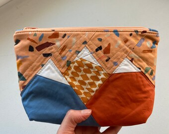 Mountain Zipper Bag | Quilted | Multicolored, rust, orange, blue | Cosmetic, toiletry, art supply pouch