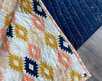 Arizona Whole Cloth Quilt | Handmade | Southwest-Inspired | Coral, Aqua, Navy, Gold | Baby or Lap Quilt Blanket