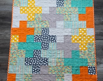 Plus Baby Quilt | Handmade | Car Fabric | Orange, Yellow, Aqua, Grey Quilt Blanket | Gift for a Baby, Toddler