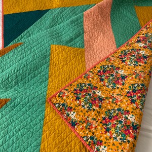 Colorful Geometric Modern Quilt Handmade Throw Size Quilt Aqua, coral, gold, turmeric, blue image 4