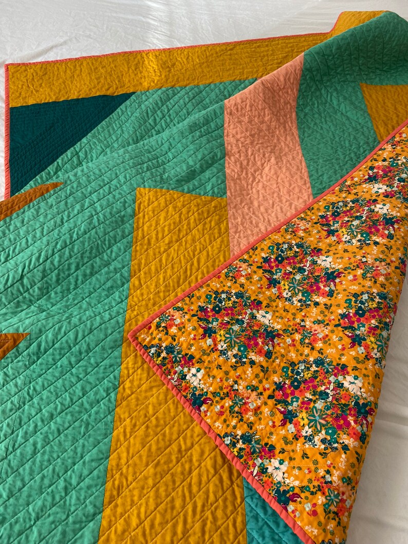 Colorful Geometric Modern Quilt Handmade Throw Size Quilt Aqua, coral, gold, turmeric, blue image 4