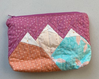 Mountain Zipper Bag | Quilted | Pink and Blues | Cosmetic, toiletry, art supply pouch