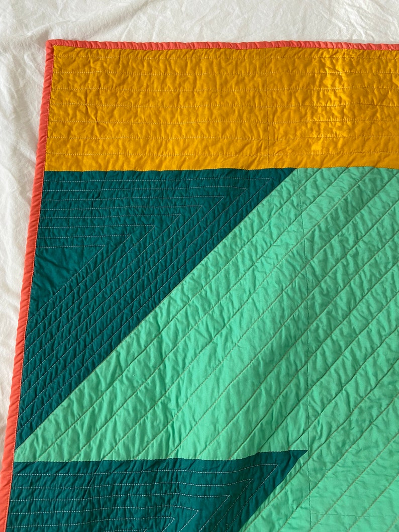 Colorful Geometric Modern Quilt Handmade Throw Size Quilt Aqua, coral, gold, turmeric, blue image 5