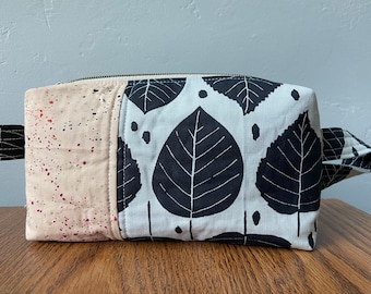 Zipper Pouch | Black and Pink Tree Leaves | Cotton-Linen Travel, Toiletry Bag