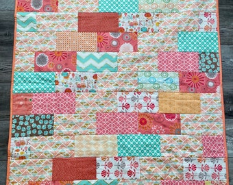 Bright Cat and Floral Baby Quilt | Handmade | Pink, Coral, Aqua, Gold Scrappy Quilt