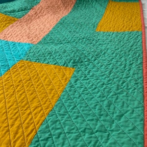 Colorful Geometric Modern Quilt Handmade Throw Size Quilt Aqua, coral, gold, turmeric, blue image 7