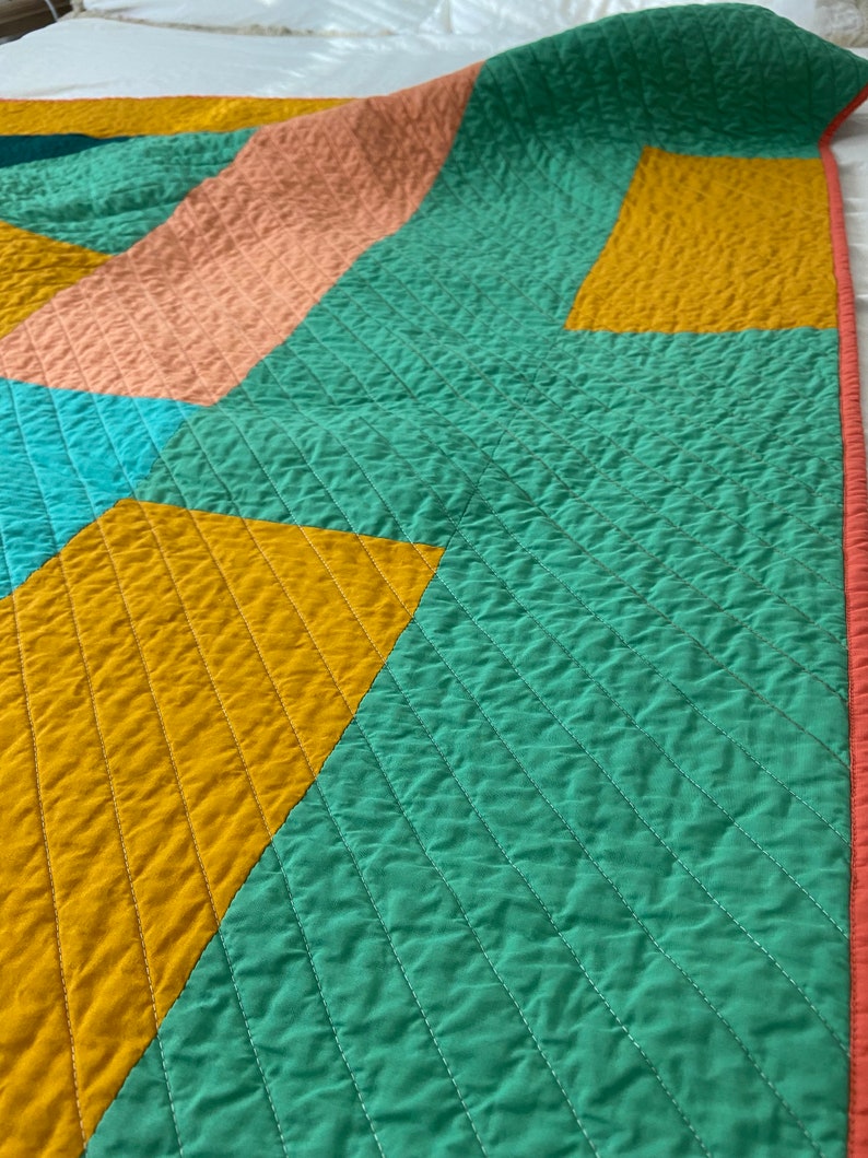Colorful Geometric Modern Quilt Handmade Throw Size Quilt Aqua, coral, gold, turmeric, blue image 7