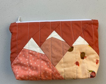 Mountain Zipper Bag | Quilted | Peach and pinks | Cosmetic, toiletry, art supply pouch