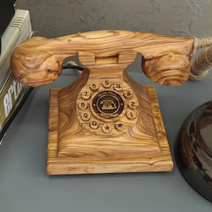Handmade Olive Wood Rotary Phone: Vintage Desk Decor