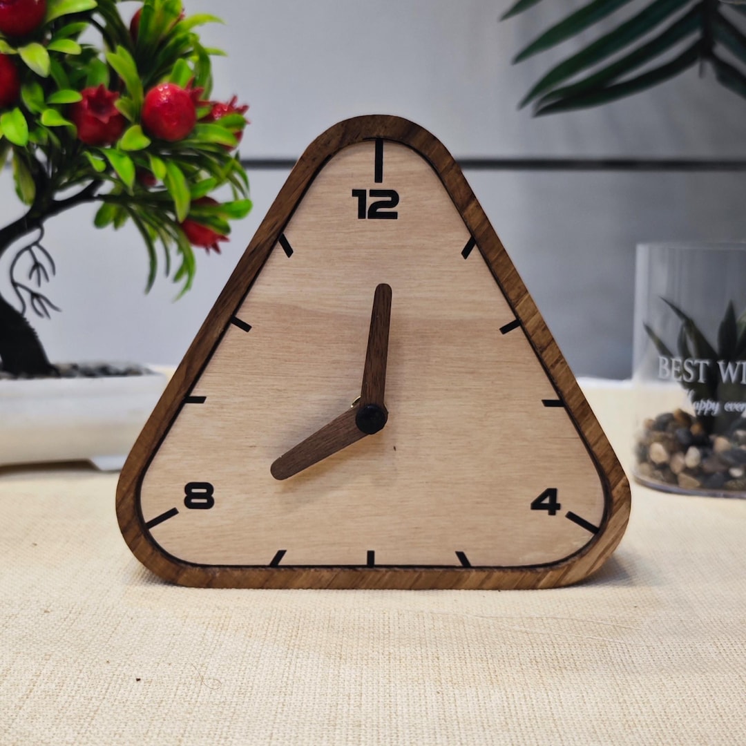 Triangular Table Clock Triangle Wooden Table Clock, Wooden Desk Clock for Office Gift for ...
