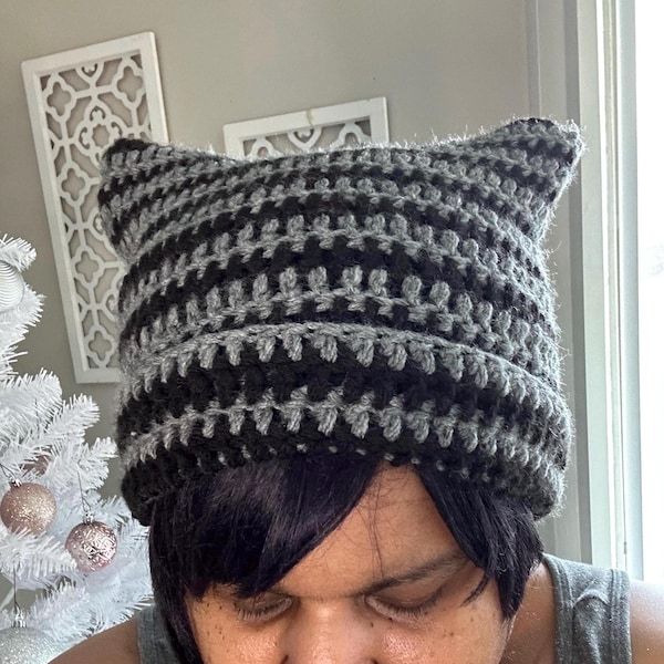 Custom Striped Cat Ear Beanie w/ Folded Brim