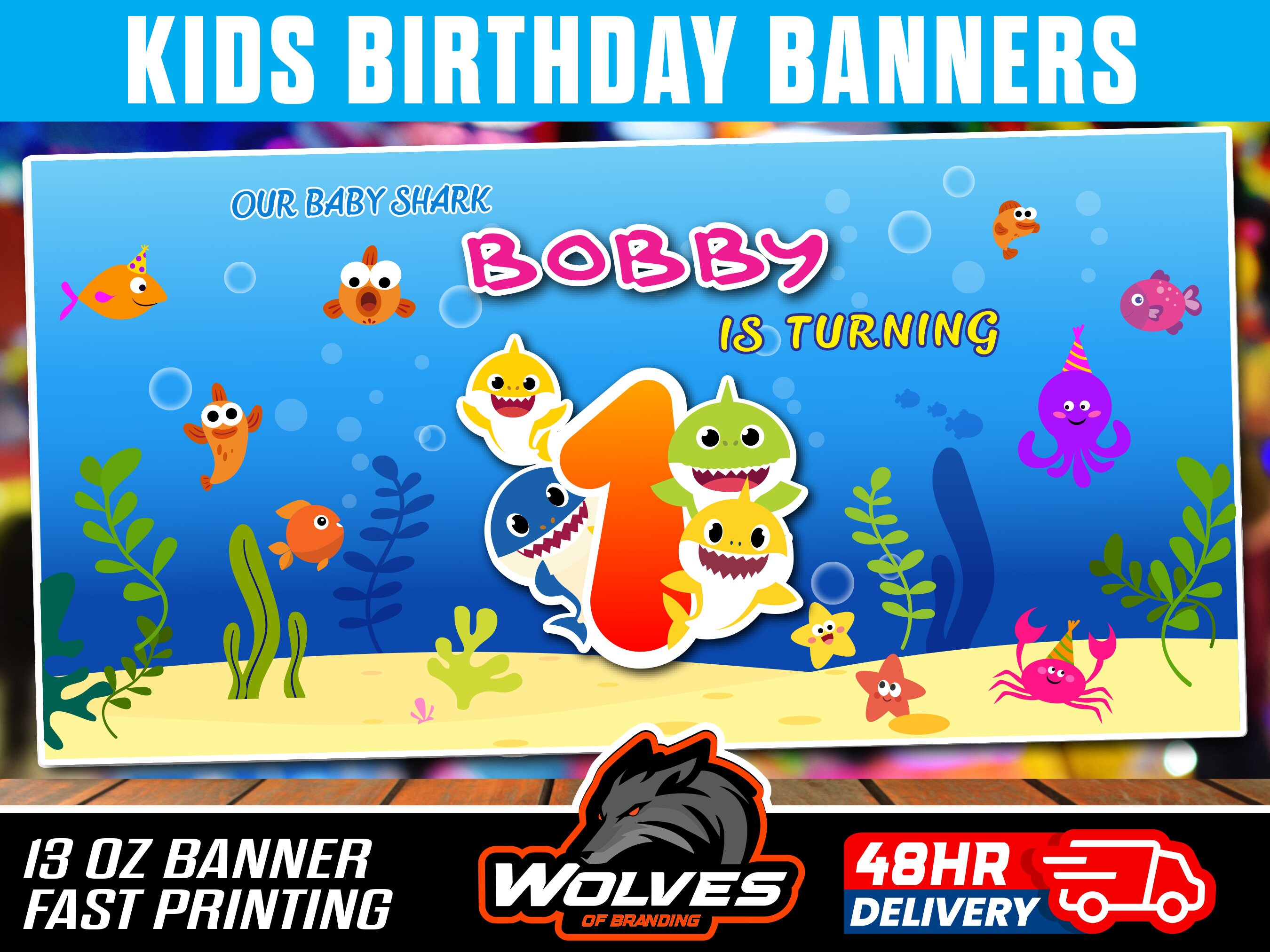 Boy Baby Shark Happy Birthday Banner with FREE Digital Invitation Personalized Boys Banner Boys Birthday Banner Birthday