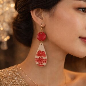 Red and white teardrop earrings, handmade ceramic, handcrafted jewelry, earthenware, lightweight earrings, gift for women, handmade earrings