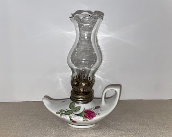 Vintage Miniature Oil Lamp Genie Pink Rose Design Gold Trim 6 Inches