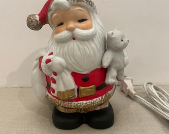 Vintage Homco Lighted Ceramic Santa Claus with Teddy Bear Nightlight Christmas