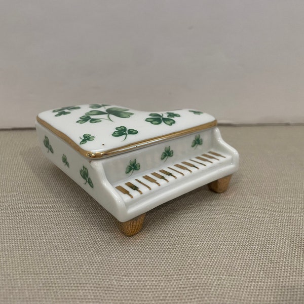 Vintage Lefton Shamrock Piano Porcelain Trinket Box with Lid Gold Feet 1995