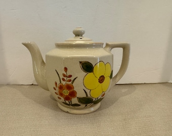 Vintage 70er Jahre Beige Gelb und Orange Porzellan Floral Japanische Teekanne
