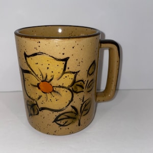 Vintage Otagiri Style Brown Speckled Mug with Yellow Flower.