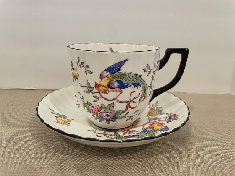 Grosvenor Bone China Teacup With Birds & Flowers Black Trim Etsy