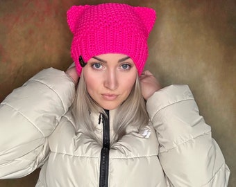 Knitted Pink Cat Ear beanie hat