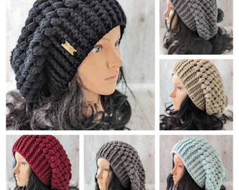 Bonnet ample au crochet, longs chapeaux d'hiver surdimensionnés, béret français pour femme, bonnet en tricot