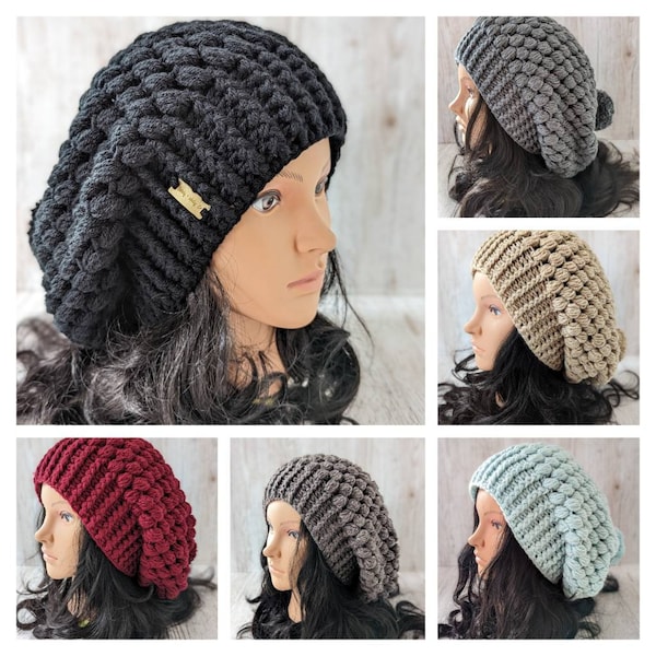 Gorro de ganchillo Slouchy, sombreros de invierno largos de gran tamaño, boina francesa para mujer, gorra de punto