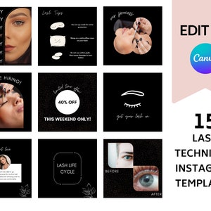 Może przedstawiać: Zestaw 15 czarno-białych szablonów na Instagram dla stylistów rzęs. Szablony zawierają zdjęcia oczu, rzęs i tekst, np. "Cykl życia rzęs", "Zdobądź swoje rzęsy" i "40% zniżki".