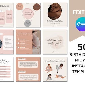 Puede incluir: 50 plantillas de Instagram para doulas de parto y matronas. Las plantillas presentan una variedad de temas relacionados con el embarazo, el parto y el posparto, incluyendo posiciones de lactancia, listas de verificación de bolsas de hospital y trimestres de embarazo. Las plantillas están diseñadas en un estilo minimalista con una paleta de colores neutros.