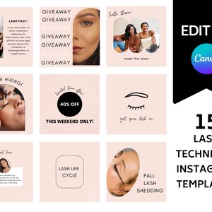 Może przedstawiać: 15 szablonów na Instagram dla stylistów rzęs. Szablony mają różowe tło z różnymi wzorami, w tym fakt o rzęsach, ogłoszenie o rozdaniu, ofertę czasową, post o miłości do klienta, grafikę cyklu życia rzęs i przypomnienie o wypadaniu rzęs jesienią. Szablony są zaprojektowane do edycji w Canva.