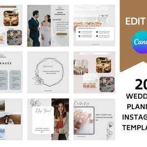 以下が含まれることがあります： 結婚式プランナー向けのInstagramテンプレート20個セット。テンプレートには、花柄、結婚式会場の写真、情報追加用のテキストボックスなど、さまざまなデザインが用意されています。テンプレートはCanvaで使用するために設計されています。